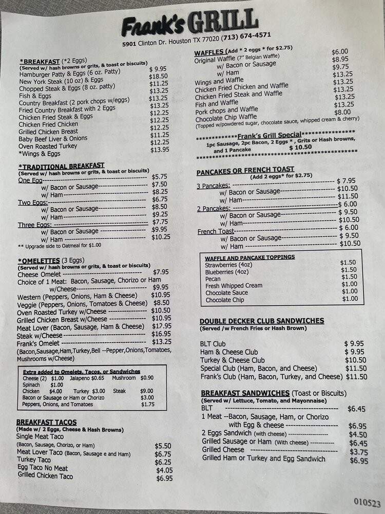 Frank's Grill - Houston, TX menu_pic