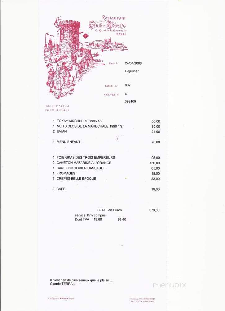 Latour D'Argent - Houston, TX menu_pic