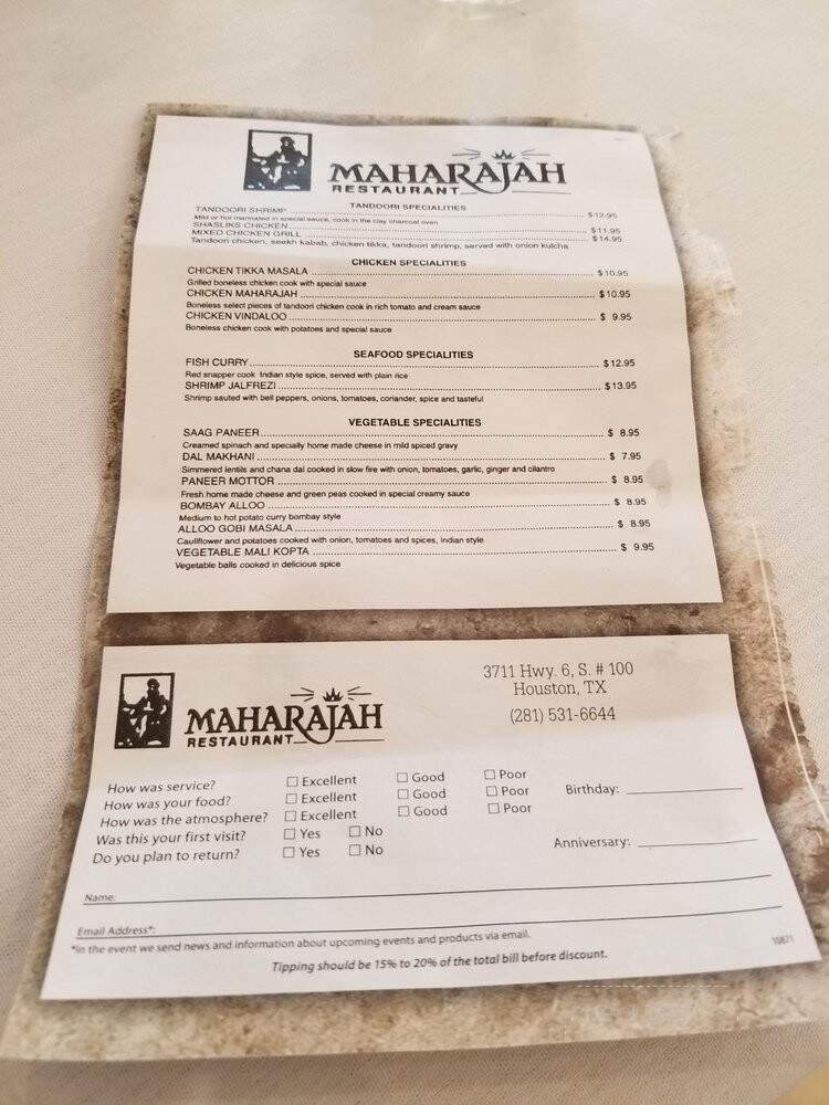 Maharajah Restaurant - Houston, TX menu_pic