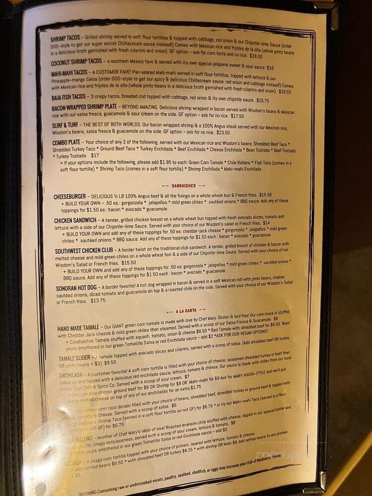 Wisdom's Cafe - Tumacacori, AZ menu_pic