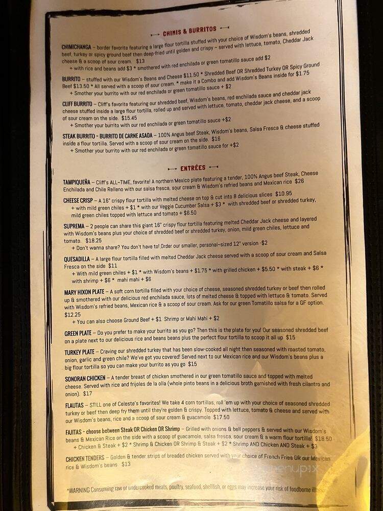 Wisdom's Cafe - Tumacacori, AZ menu_pic