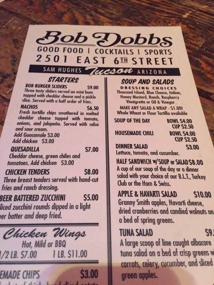 Bob Dobb's Bar & Grill - Tucson, AZ menu_pic