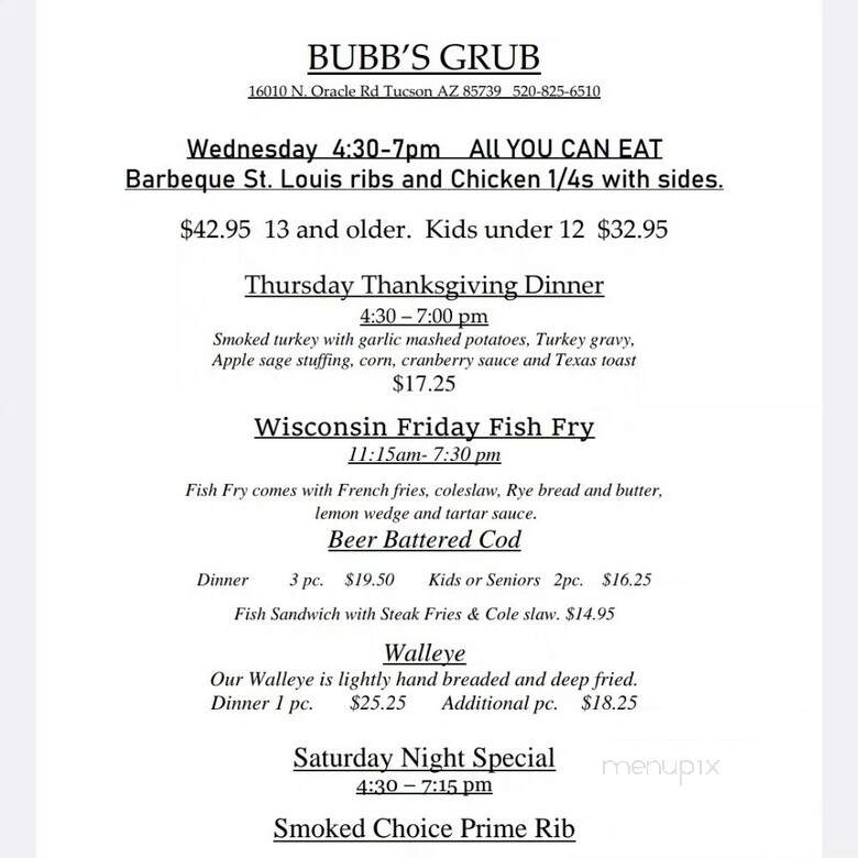 Bubb's Grub - Tucson, AZ menu_pic