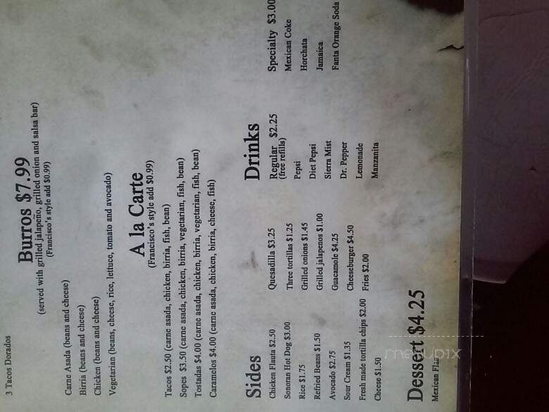 Francisco's De Noche - Tucson, AZ menu_pic