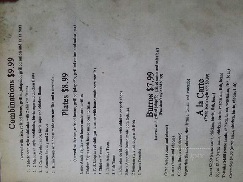 Francisco's De Noche - Tucson, AZ menu_pic