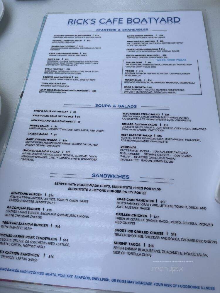 Rick's Cafe Boatyard - Indianapolis, IN menu_pic