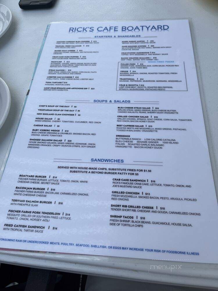 Rick's Cafe Boatyard - Indianapolis, IN menu_pic