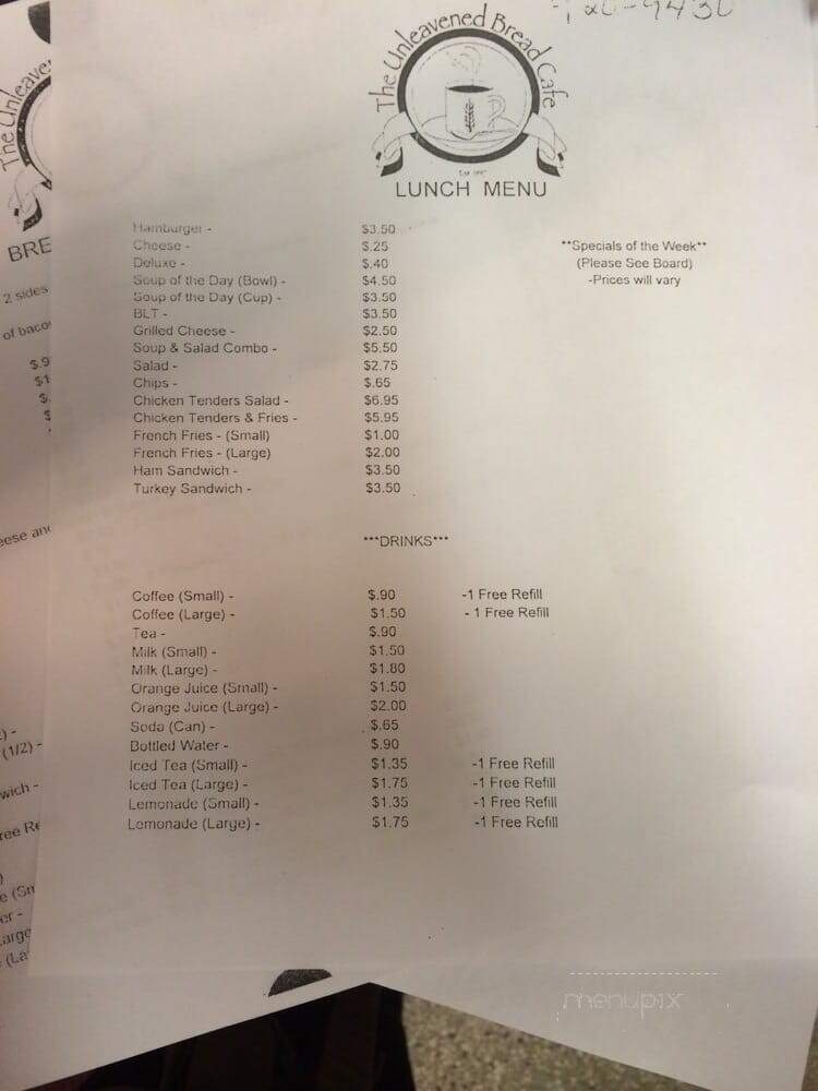 Unleavened Bread Cafe - Indianapolis, IN menu_pic