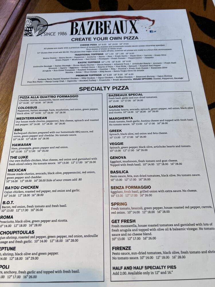 Bazbeaux Pizza - Indianapolis, IN menu_pic