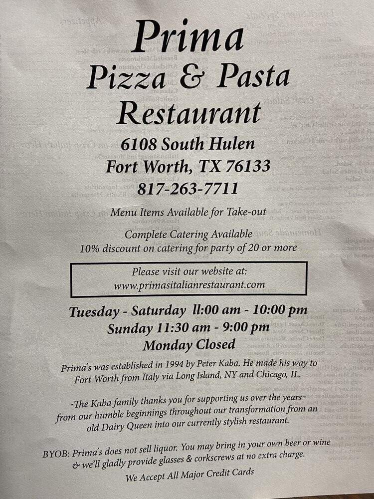 Prima Pasta Pizza - Fort Worth, TX