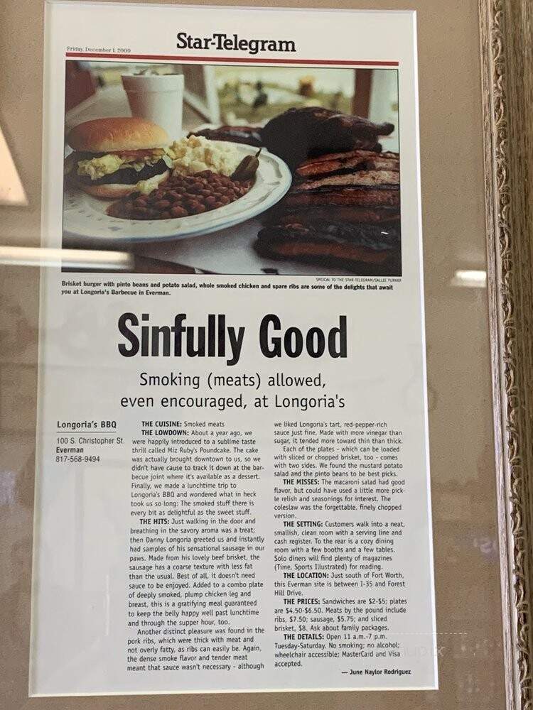 Longoria's BBQ - Fort Worth, TX menu_pic