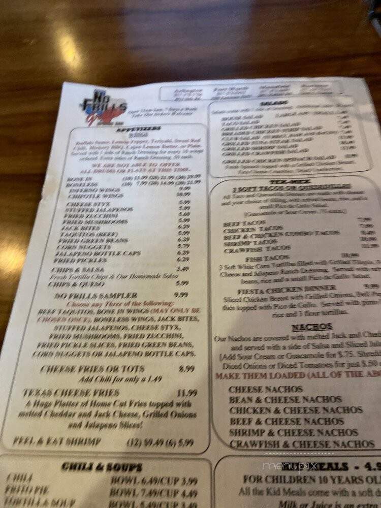 No Frills Grill - Arlington, TX menu_pic