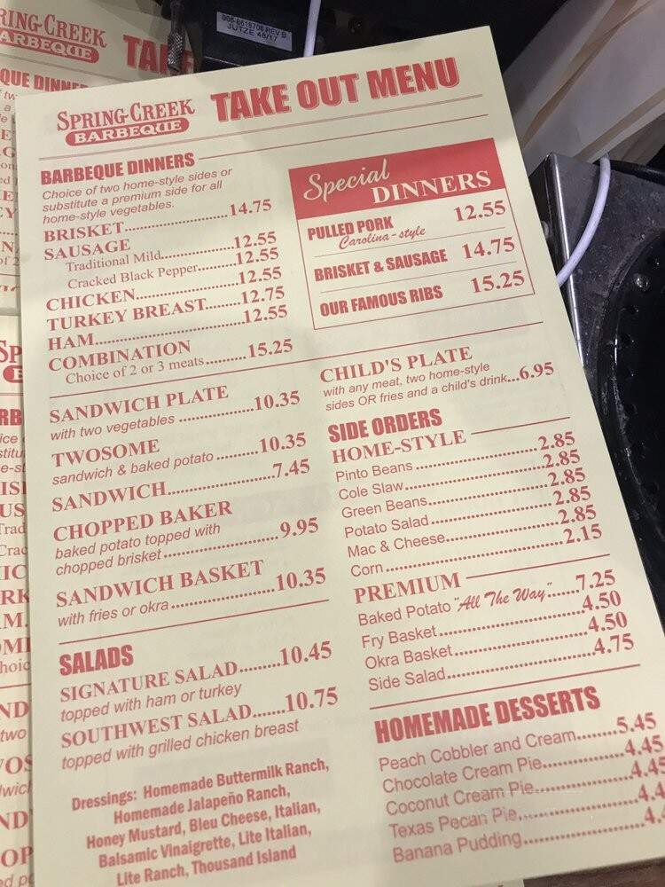 Spring Creek Barbeque - Dallas, TX menu_pic