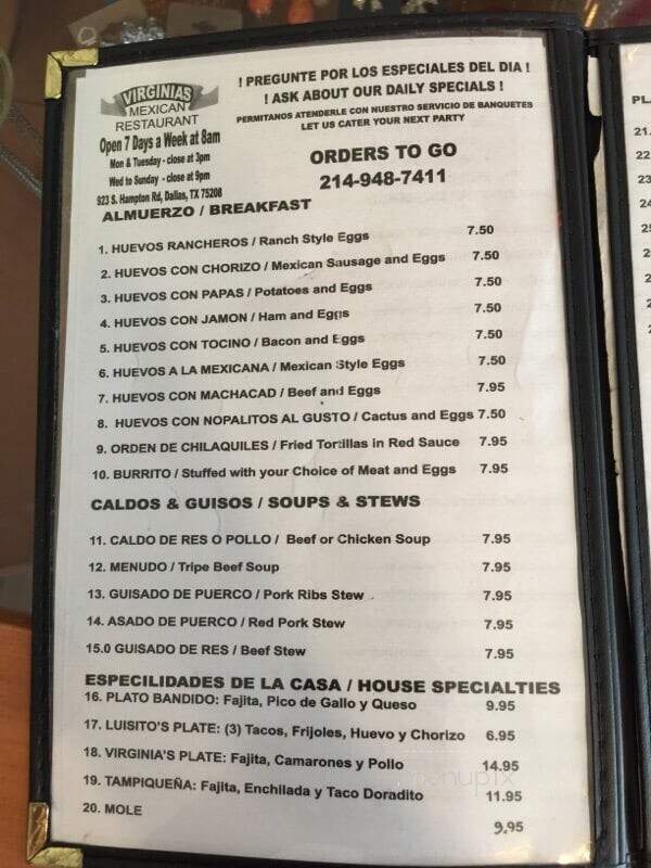 Virginia's Restaurant - Dallas, TX menu_pic