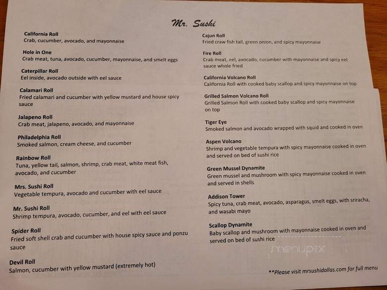 Mr Sushi Japanese - Dallas, TX menu_pic