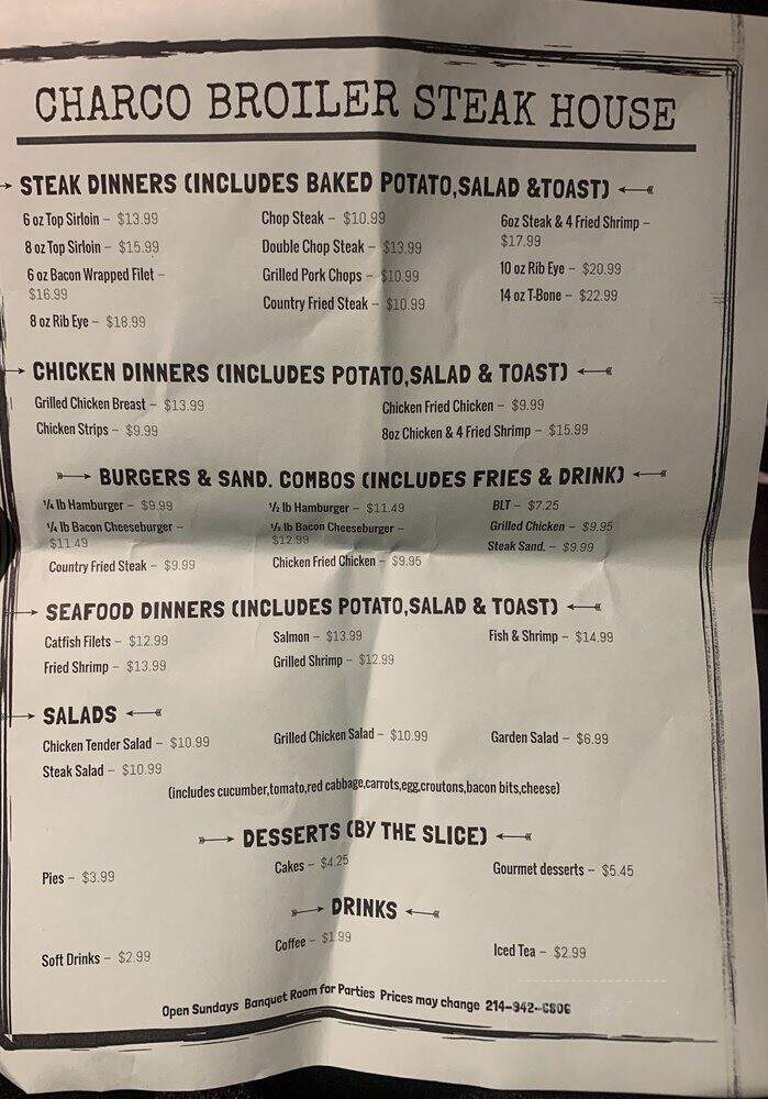 Charco Broiler Steak - Dallas, TX menu_pic
