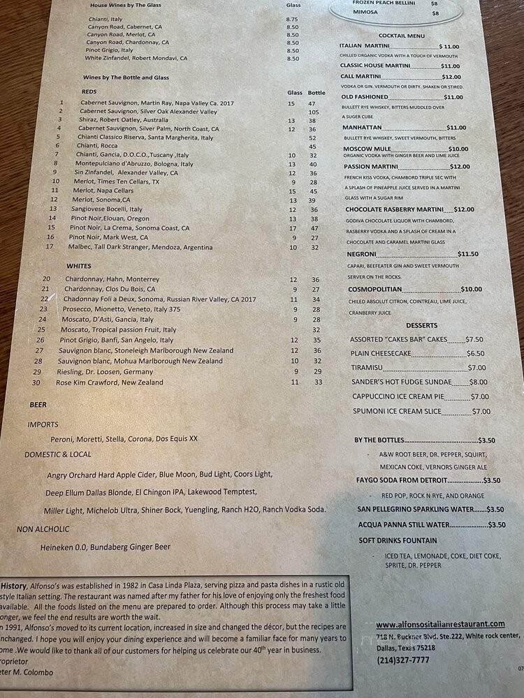 Alfonso's Italian Restaurant - Dallas, TX menu_pic