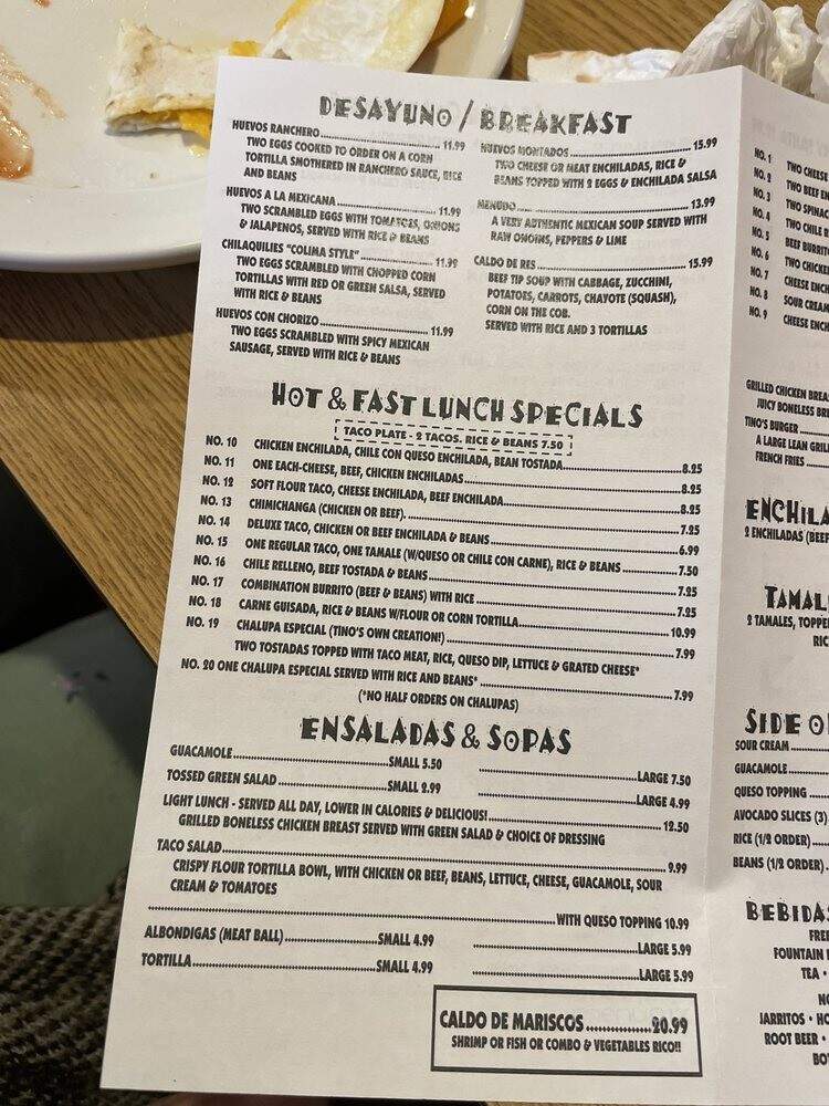 Tino's Too Mexican Restaurant - Plano, TX menu_pic