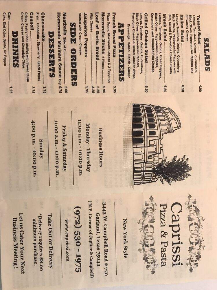 Caprissi Pizza & Pasta - Garland, TX menu_pic