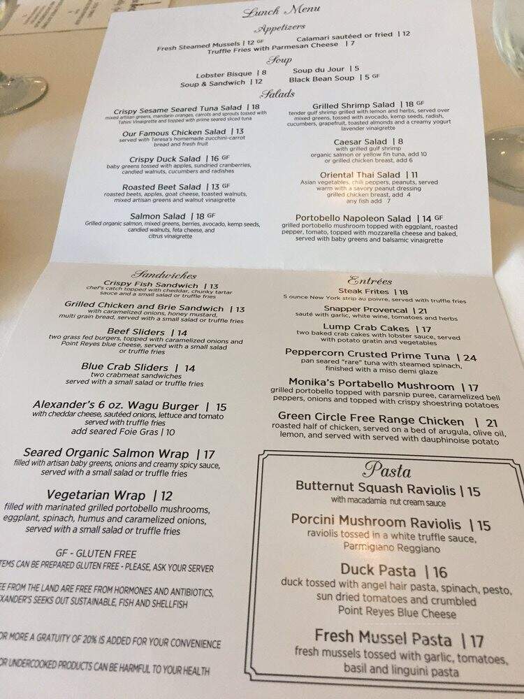 Alexander's Restaurant - Naples, FL menu_pic
