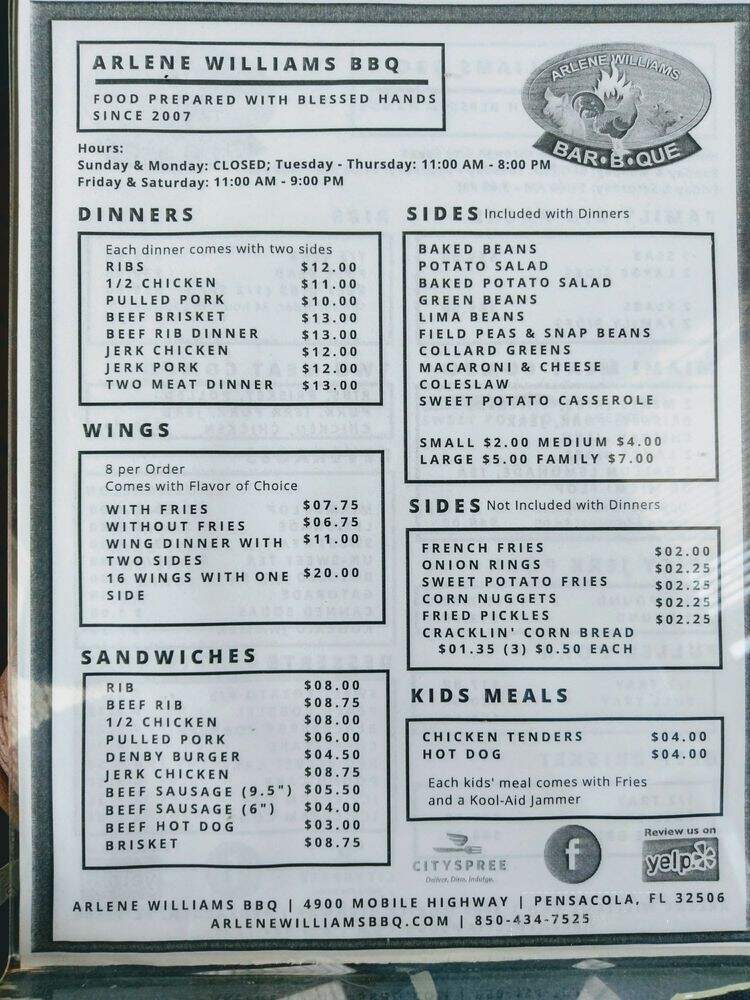 Arlene William's Barbeque - Pensacola, FL menu_pic