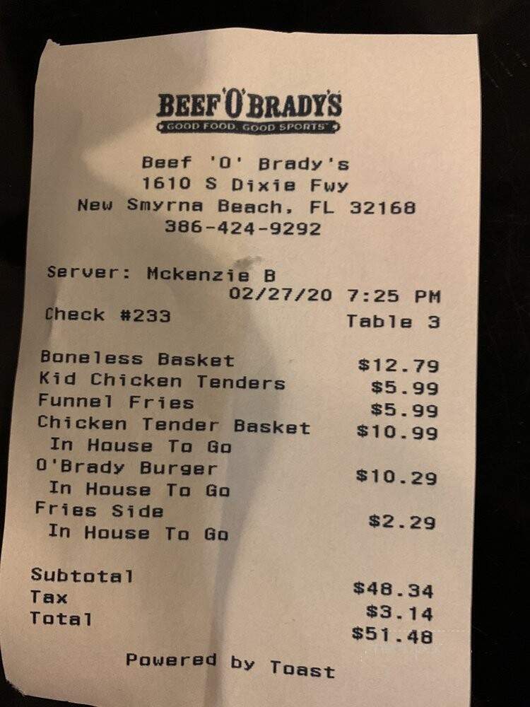 Beef O'Brady's - New Smyrna Beach, FL menu_pic