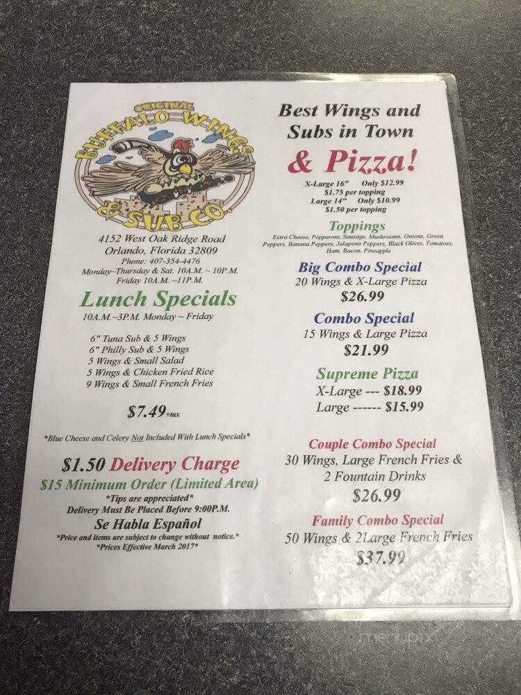 Buffalo Wings & Subs - Orlando, FL menu_pic
