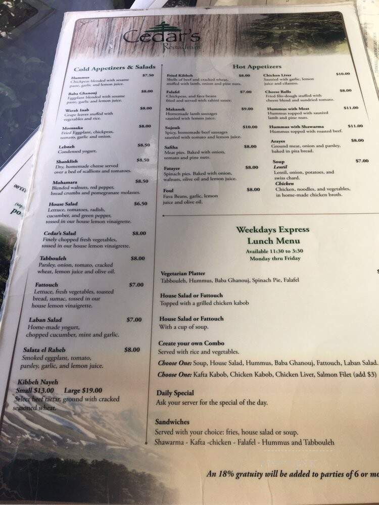 Cedars Restaurant - Orlando, FL menu_pic