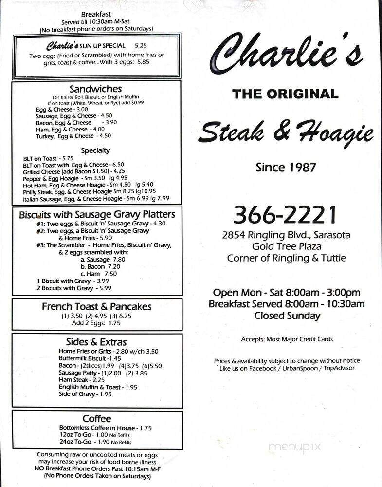 Charlie's Steak & Hoagie - Sarasota, FL menu_pic