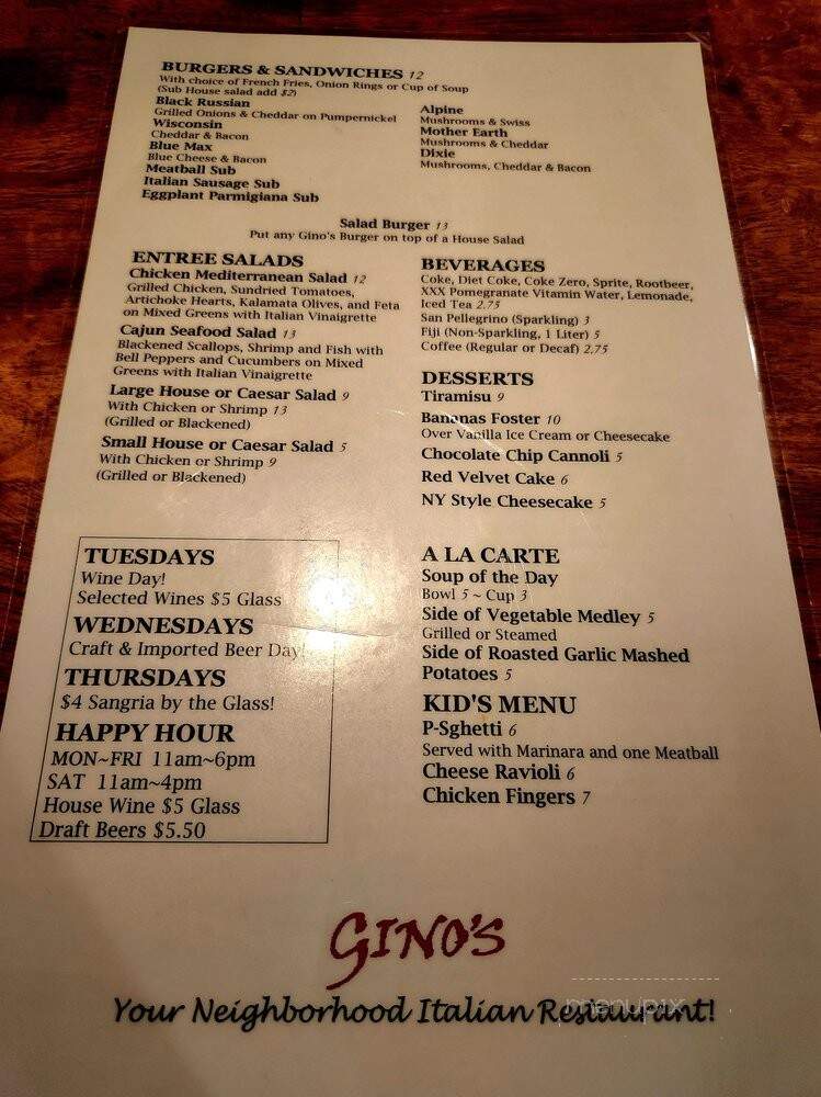 Gino's Bar & Restaurant - Tampa, FL menu_pic