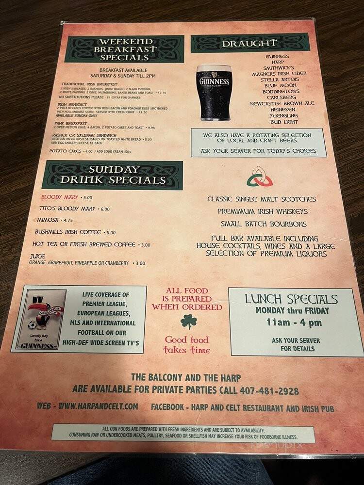 Harp & Celt Restaurant & Irish Pub - Orlando, FL menu_pic