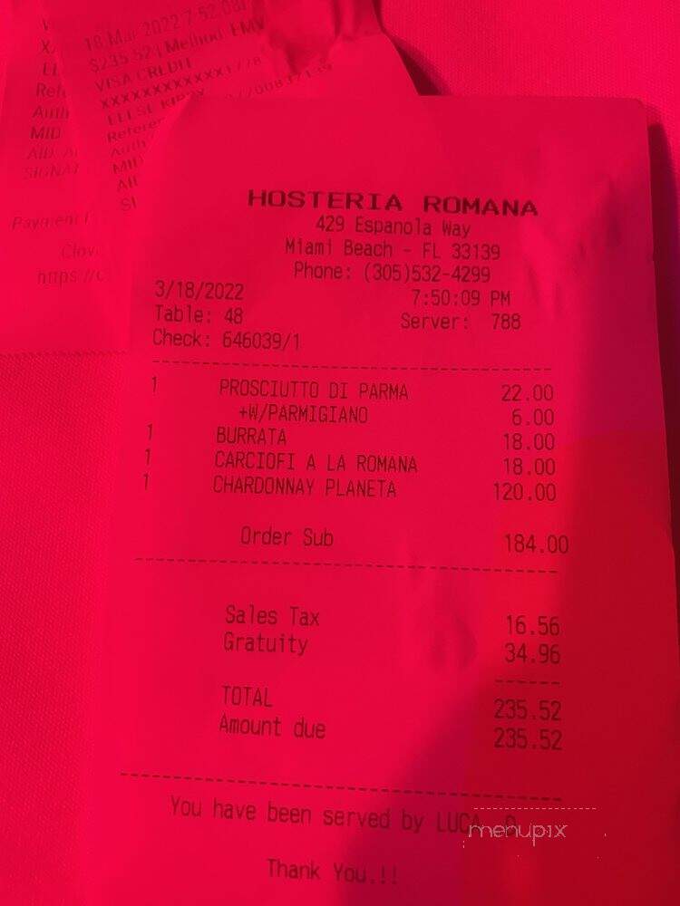 Hosteria Romana - Miami, FL menu_pic