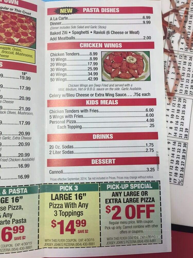 Jersey Johns Pizzeria - Pembroke Pines, FL menu_pic