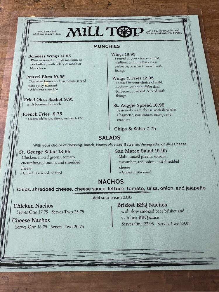Milltop Tavern - St Augustine, FL menu_pic