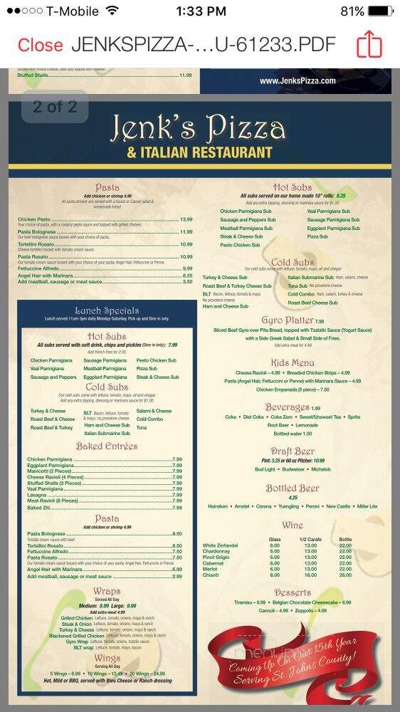 Jenk's Pizza - St Johns, FL menu_pic