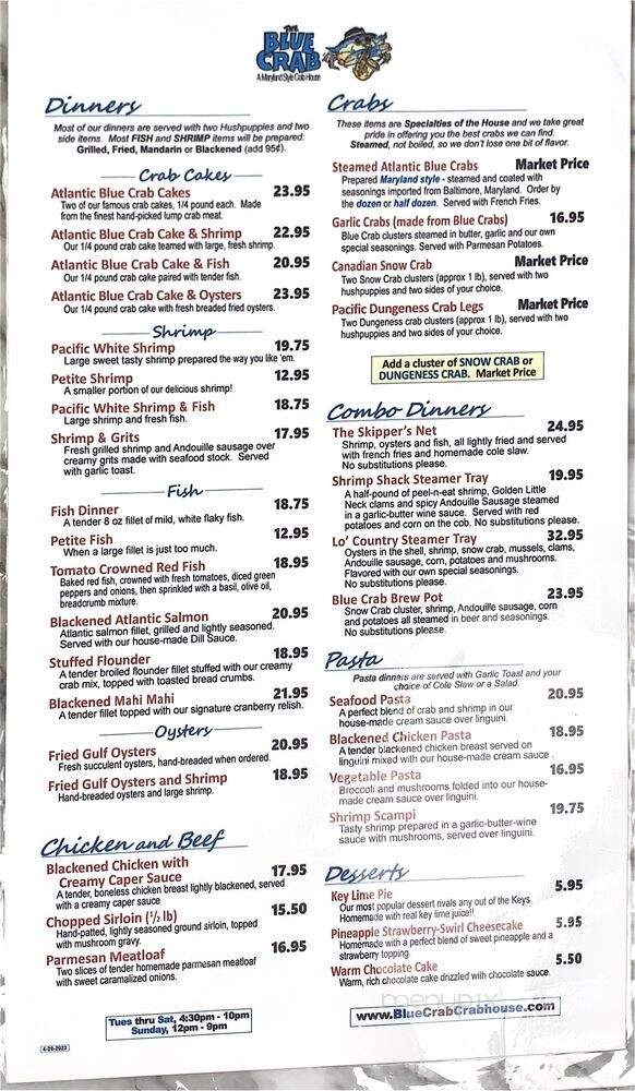 Blue Crabhouse Restaurant - Jacksonville, FL menu_pic