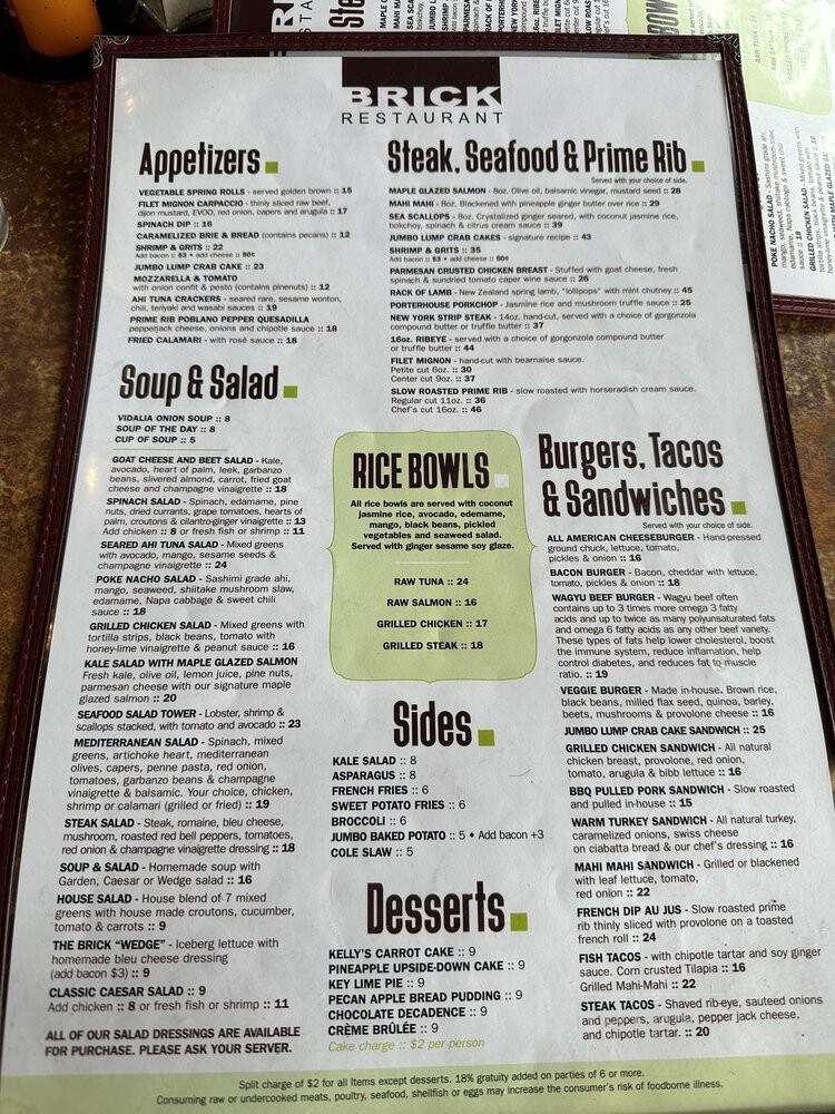 Brick Restaurant - Jacksonville, FL menu_pic