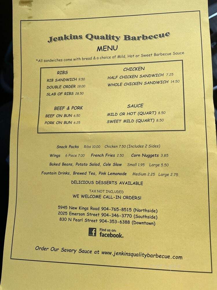 Jenkins Quality Barbeque - Jacksonville, FL menu_pic