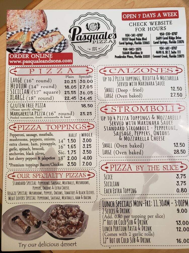 Pasquale & Sons Pizza Co - Coral Springs, FL menu_pic