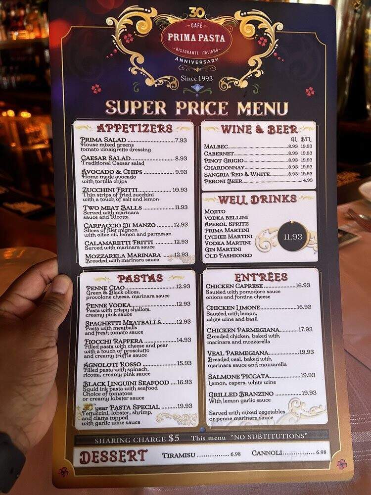 Cafe Prima Pasta - Miami Beach, FL menu_pic
