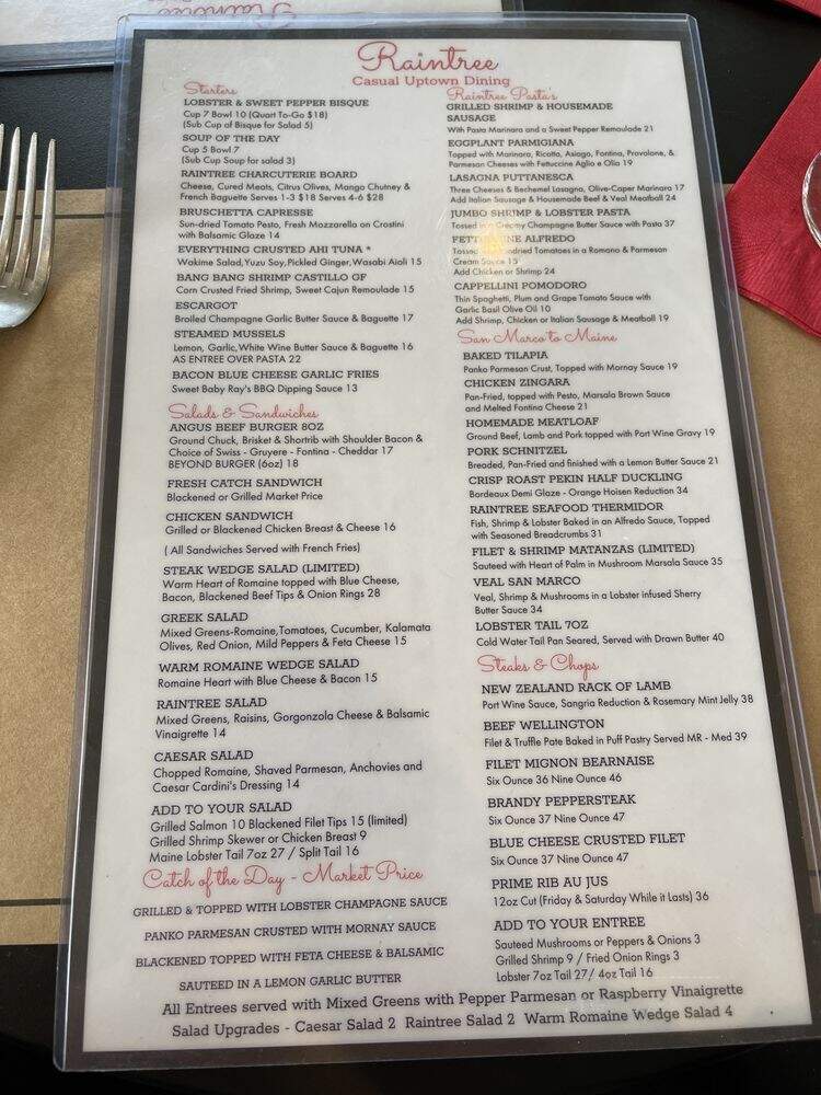 Raintree Restaurant - St Augustine, FL menu_pic