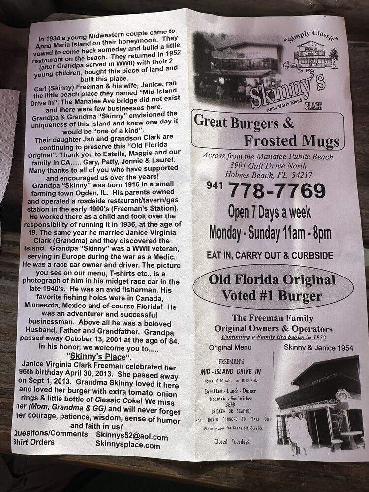 Skinny's Place - Holmes Beach, FL menu_pic