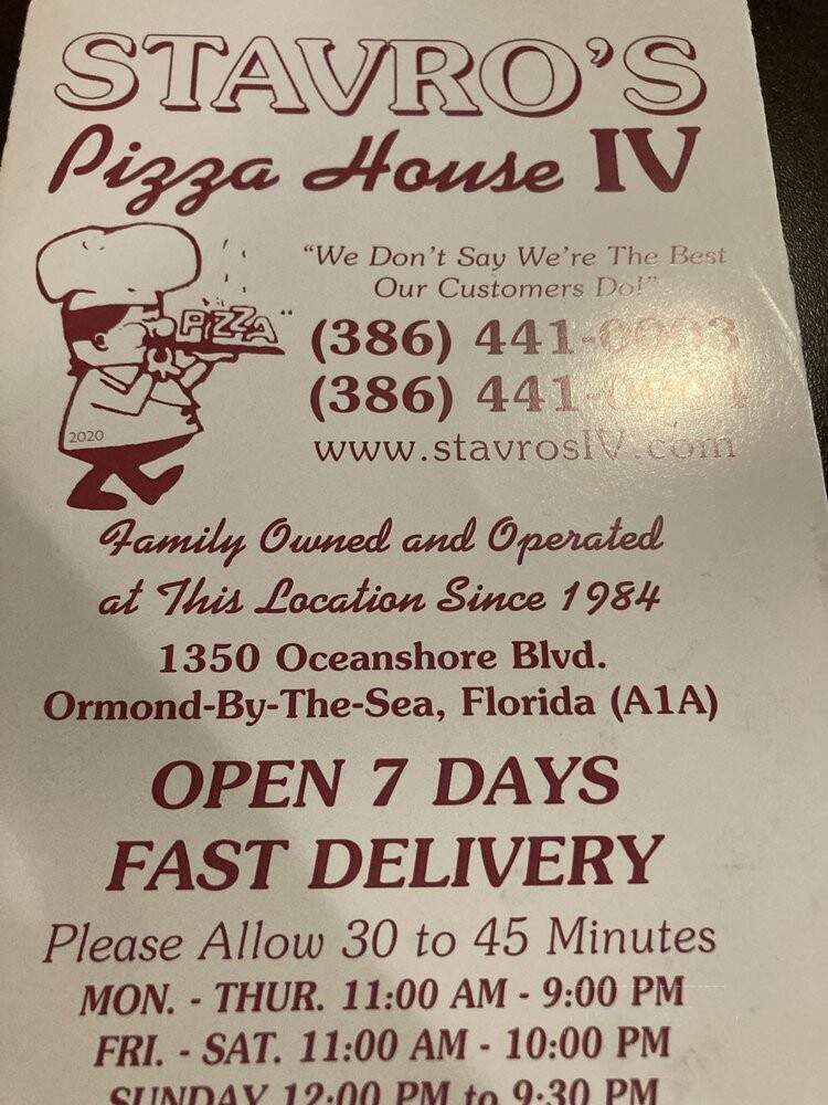 Stavro's Pizza House IV - Ormond Beach, FL menu_pic