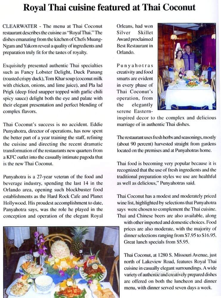 Thai Coconut Restaurant - Clearwater, FL menu_pic