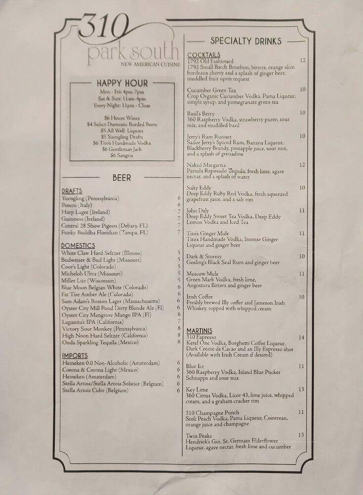 Three Ten Park South - Winter Park, FL menu_pic