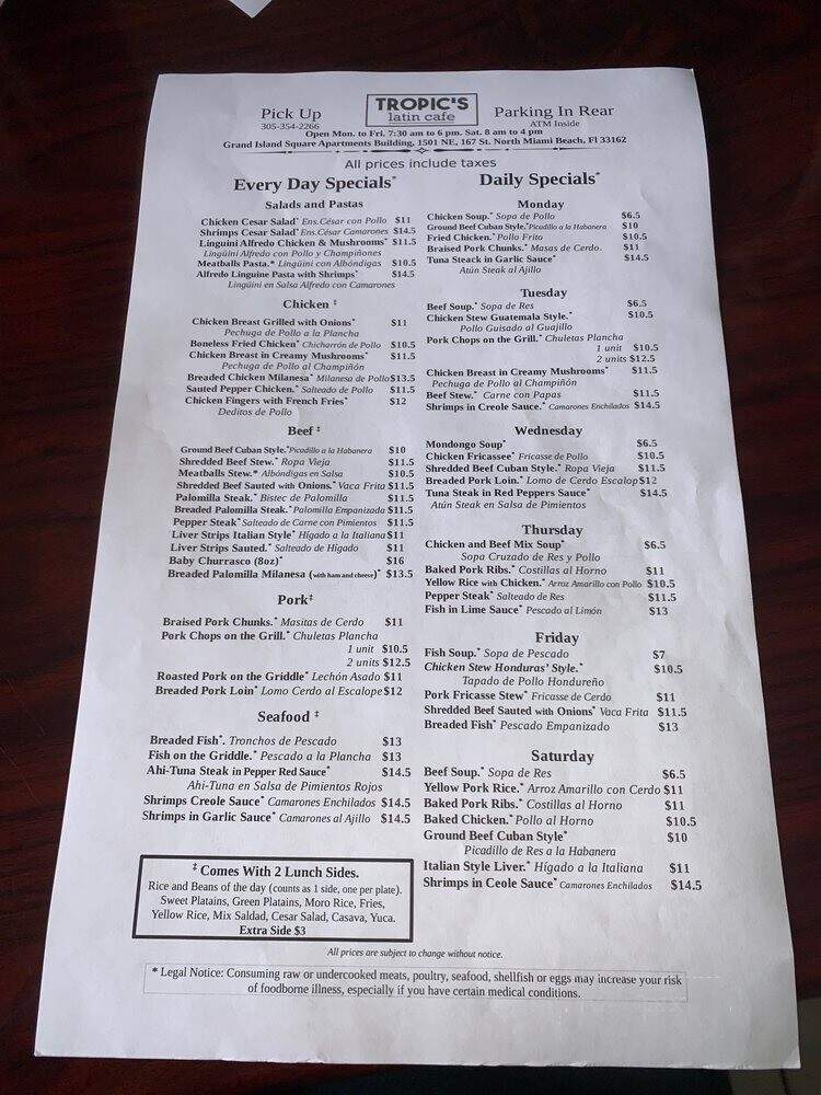 Tropics Cafeteria - North Miami Beach, FL menu_pic
