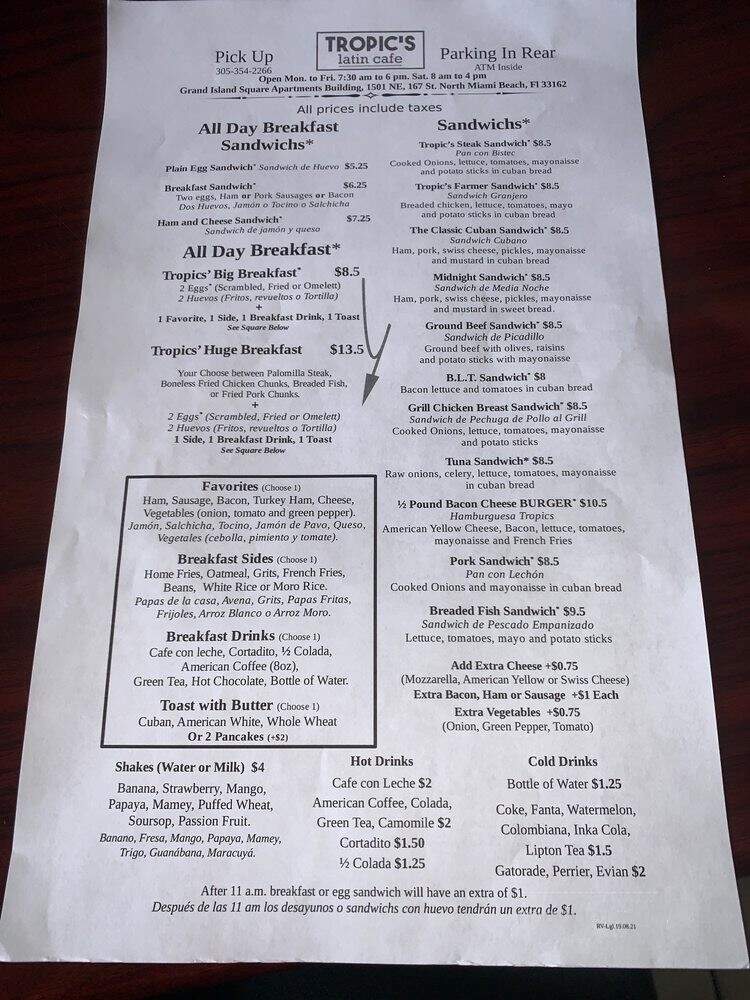 Tropics Cafeteria - North Miami Beach, FL menu_pic