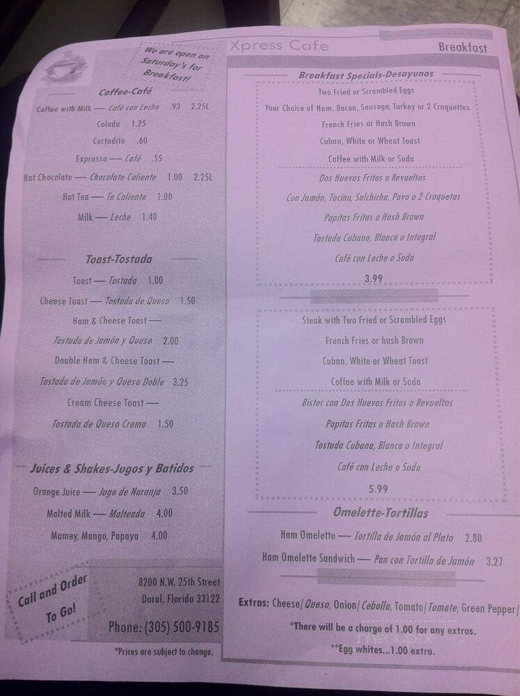 Xpress Cafe - Doral, FL menu_pic