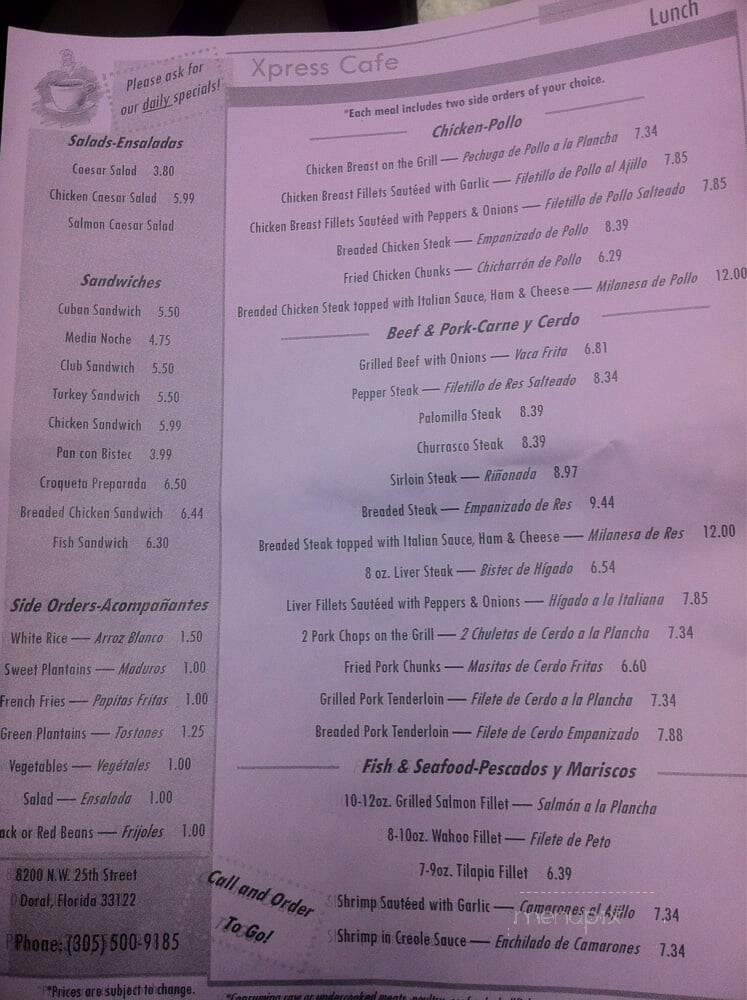 Xpress Cafe - Doral, FL menu_pic