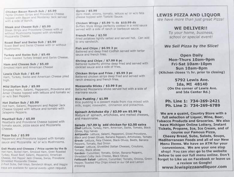 Lewis Pizza - Ida, MI menu_pic